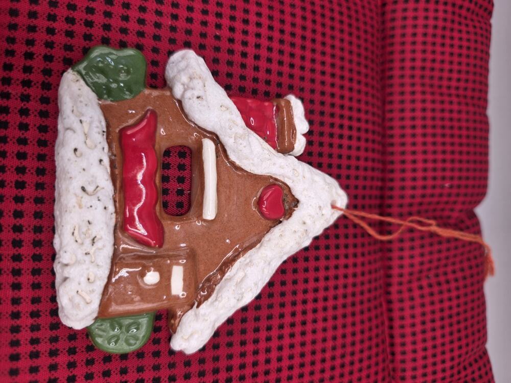 Vintage Gingerbread House Christmas Ornament Ceramic Hand Painted Kitsch Vtg